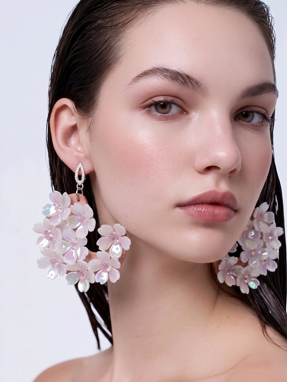 Floral Cluster Hoop Earrings in Soft Pink - Designer
